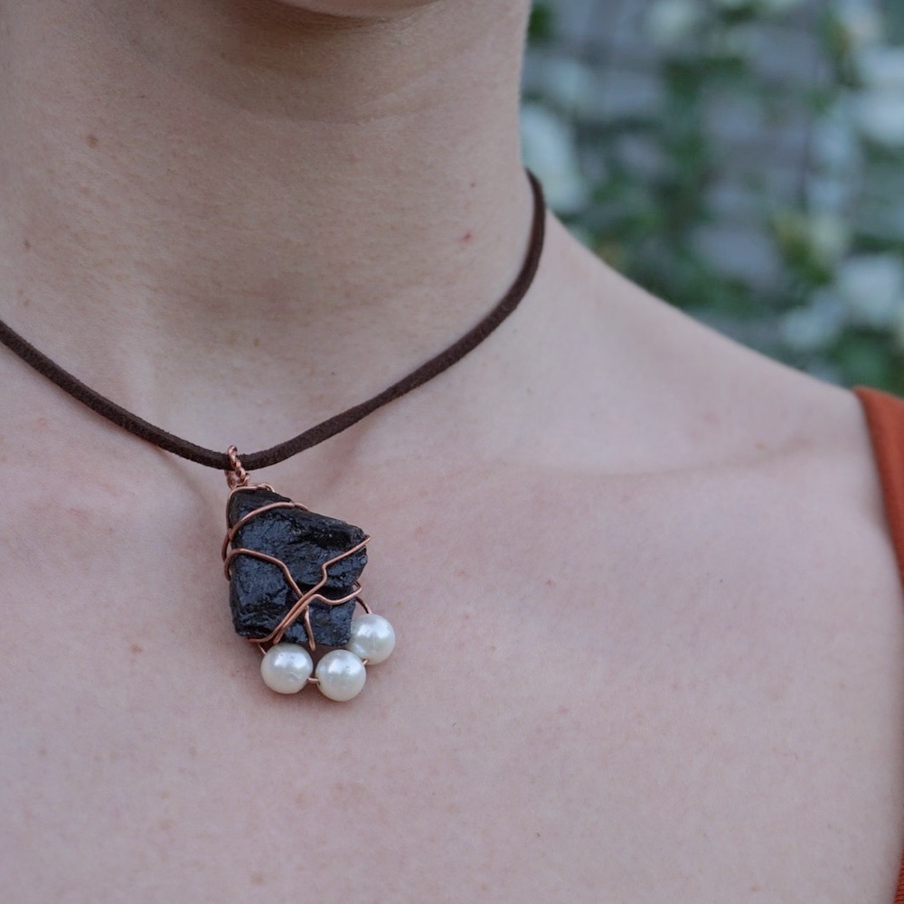 Black Tourmaline White Bead Handmade Pendant Healing Necklace